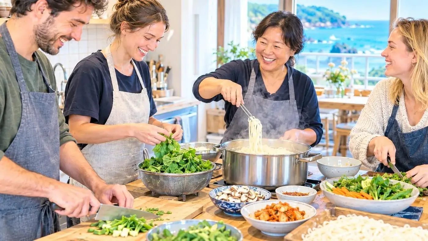 Friends cooking noodles together in a kitchen with an ocean view