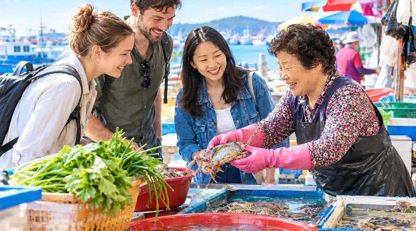 Friends buying fresh crab at a harbor seafood market
